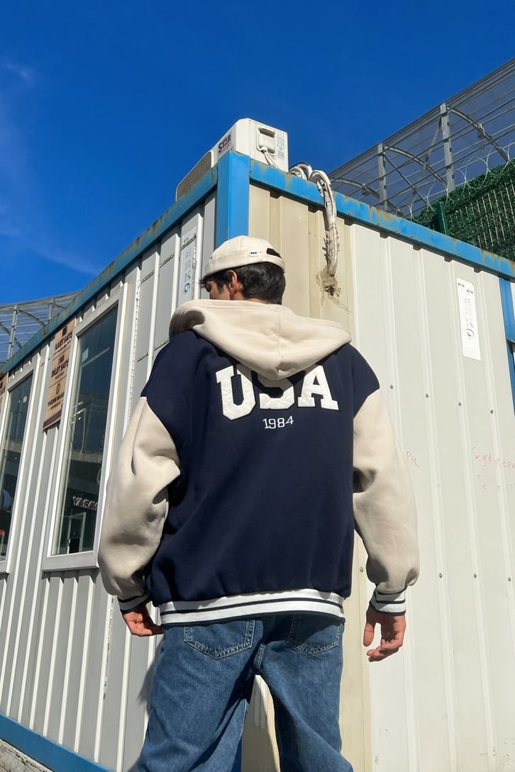 USA Nakışlı Lacivert Kolej Ceket