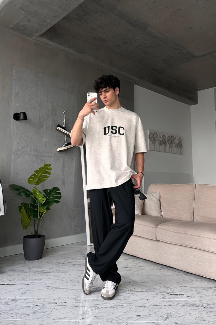 USC Baskılı Gri Oversize Tişört