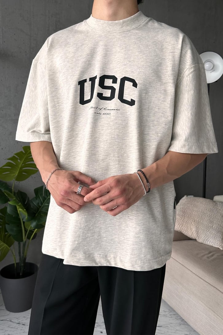 USC Baskılı Gri Oversize Tişört