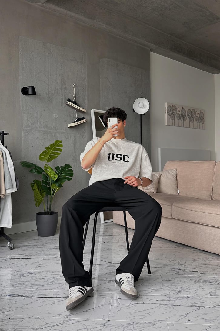 USC Baskılı Gri Oversize Tişört