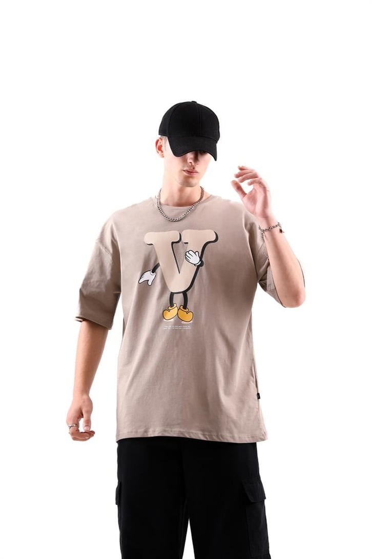V Sytle Baskılı Oversize Tshirt