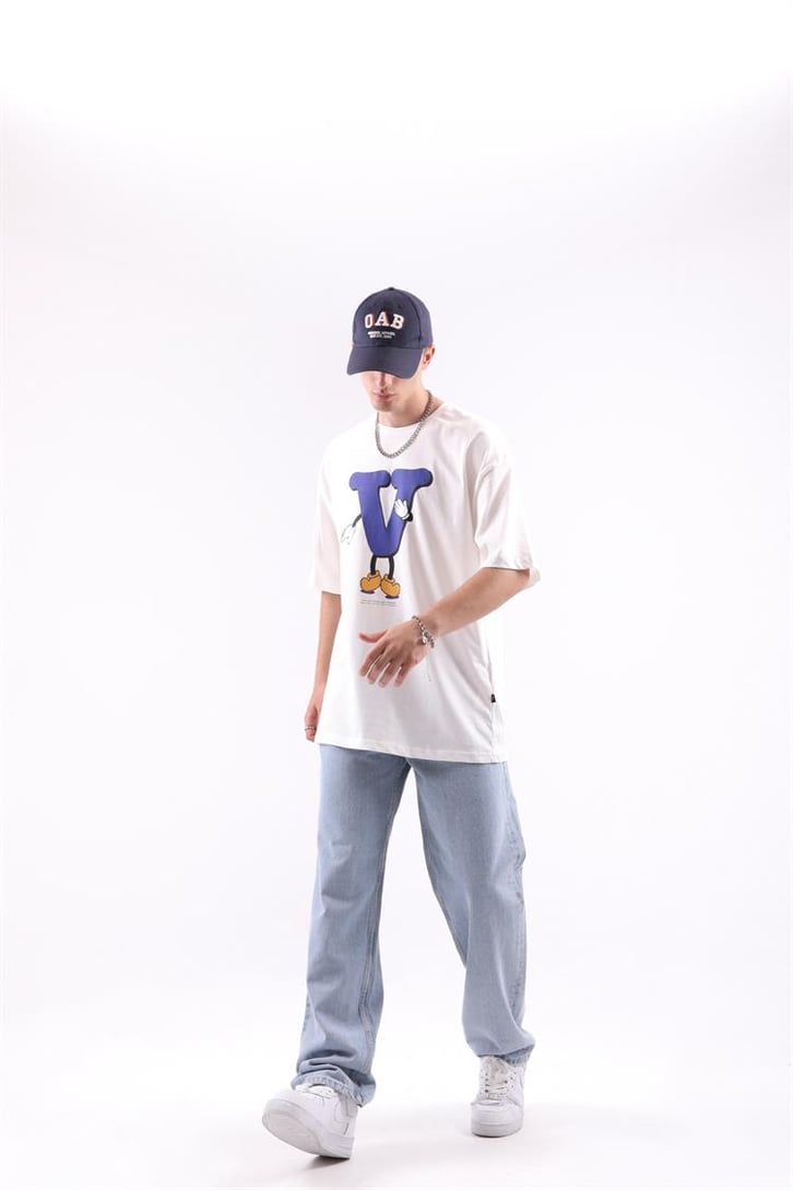 V Sytle Baskılı Oversize Tshirt