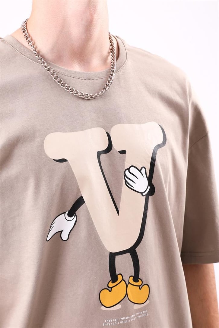 V Sytle Baskılı Oversize Tshirt