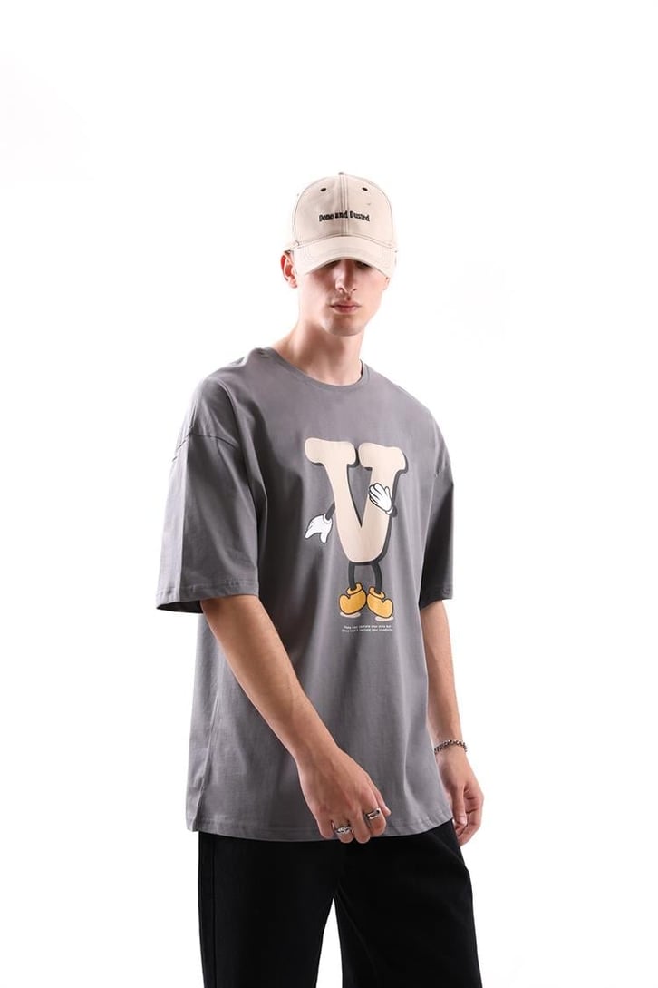 V Sytle Baskılı Oversize Tshirt