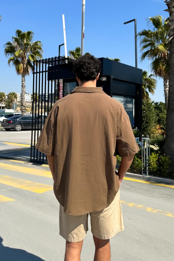 V Yaka Oversize Kısa Kol Keten Gömlek