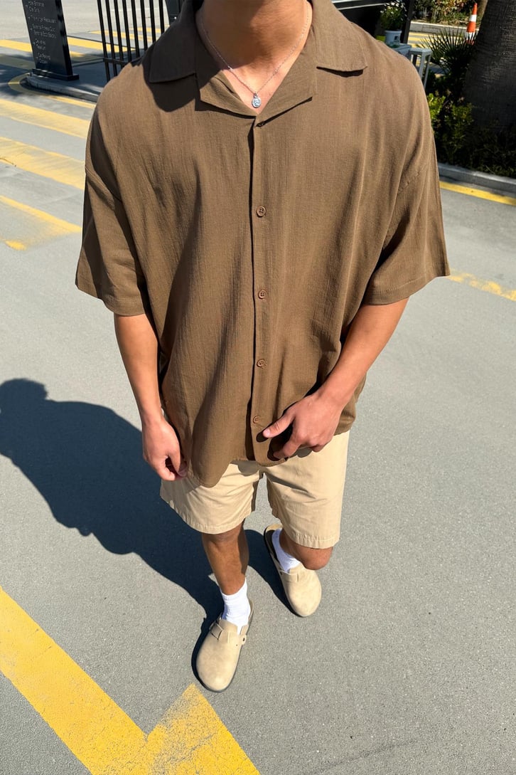 V Yaka Oversize Kısa Kol Keten Gömlek