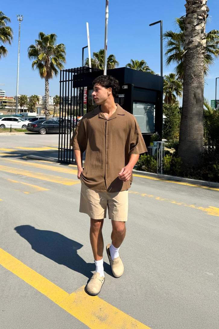 V Yaka Oversize Kısa Kol Keten Gömlek