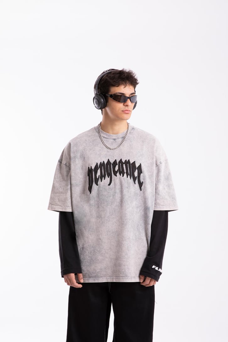 Vengeance Nakışlı Acid Wash Oversize Tshirt