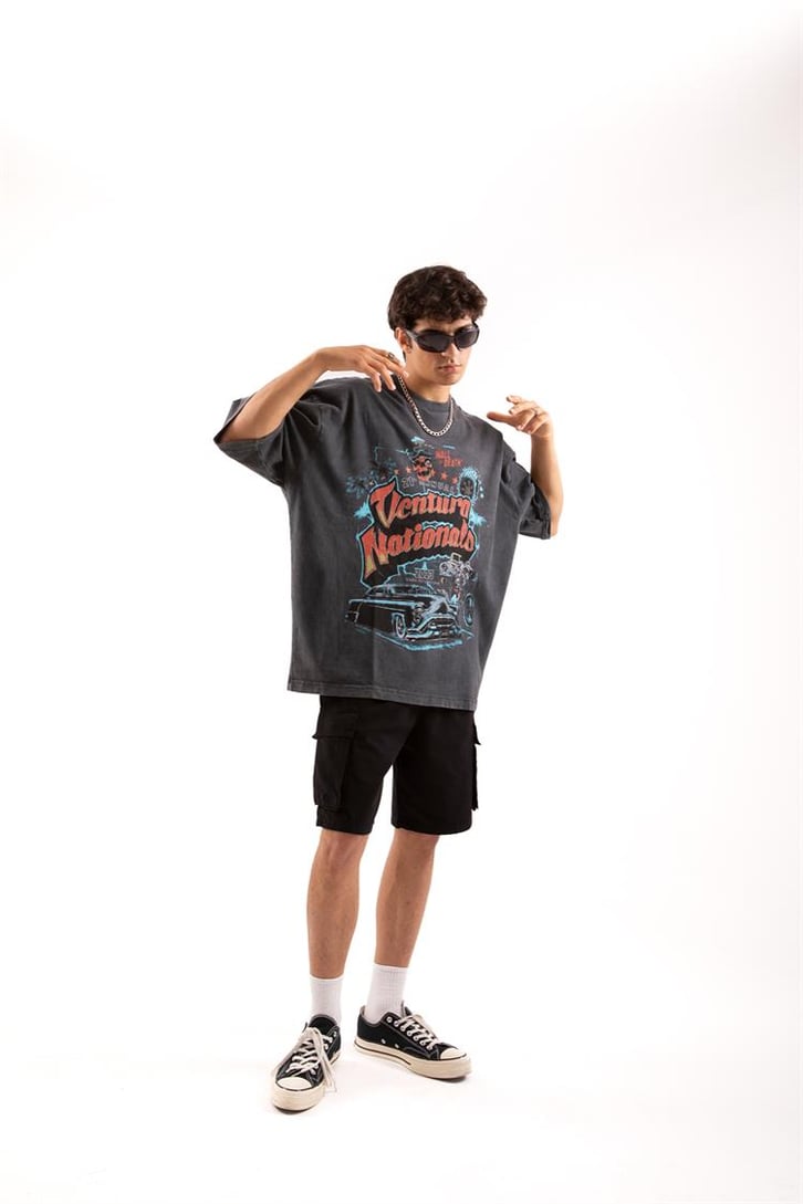 Ventura Baskılı Acid Wash Oversize Tişört