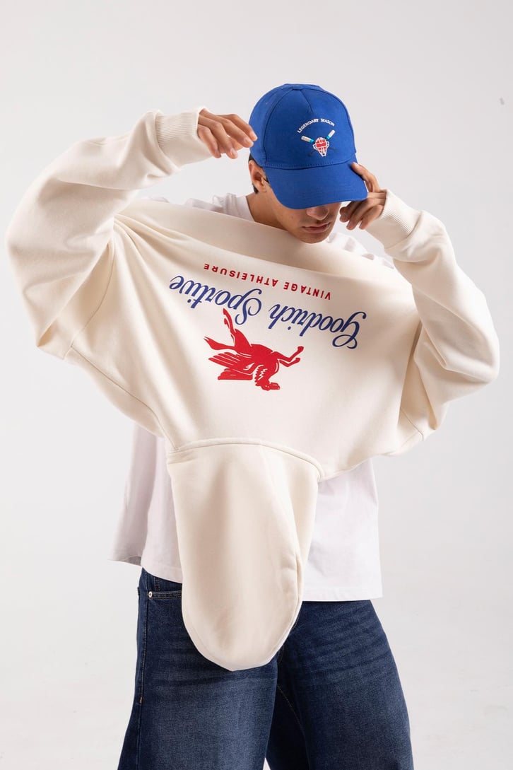 Vıntage Athleısure Baskılı Krem Oversize Hoodie