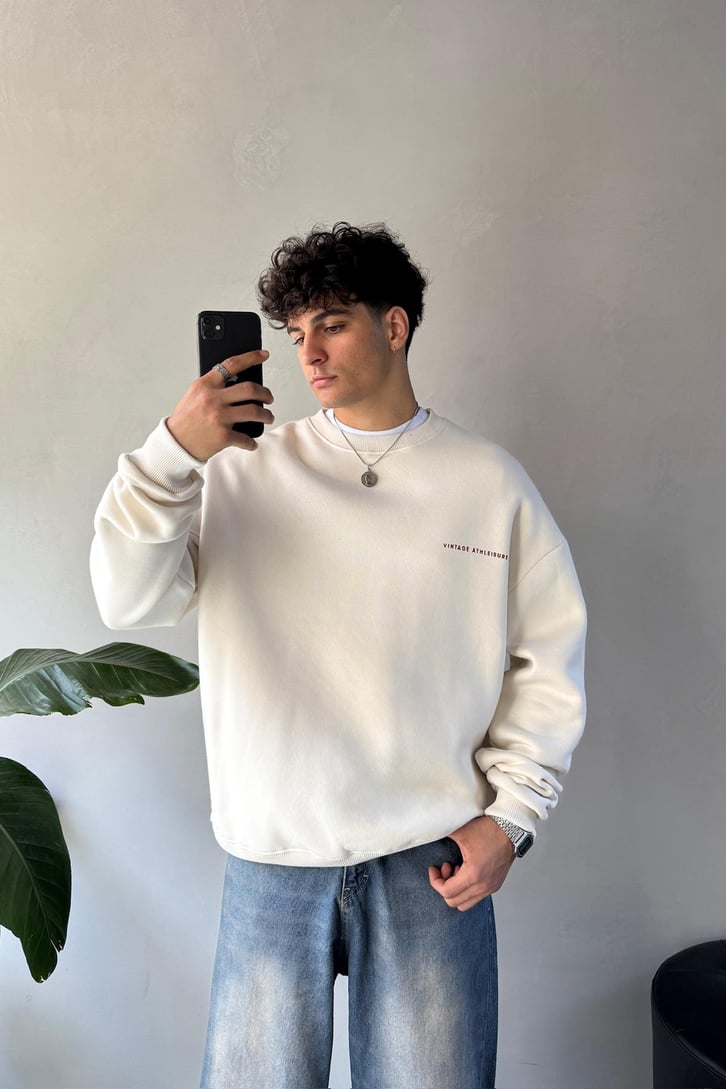 Vintage Baskılı Bisiklet Yaka Sweatshirt