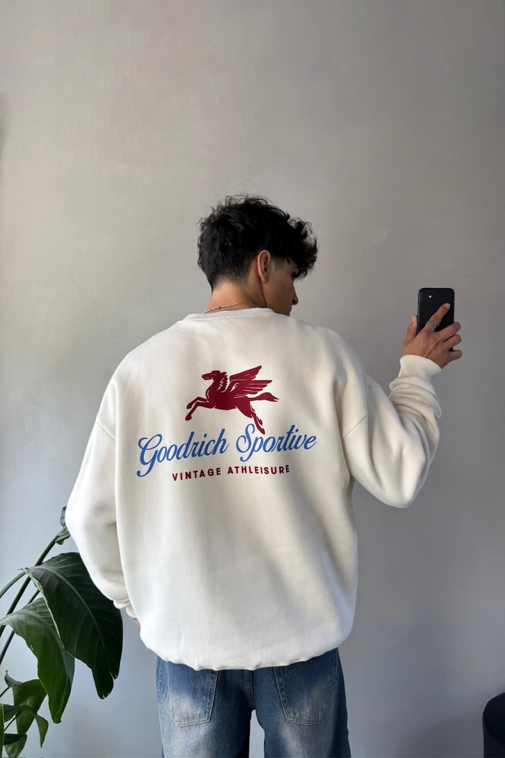 Vintage Baskılı Bisiklet Yaka Sweatshirt
