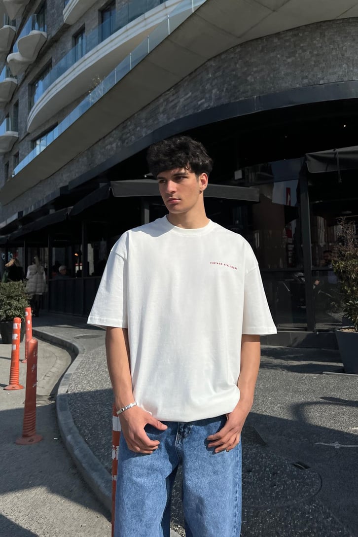 Vıntage Baskılı Ekru Oversize Tişört