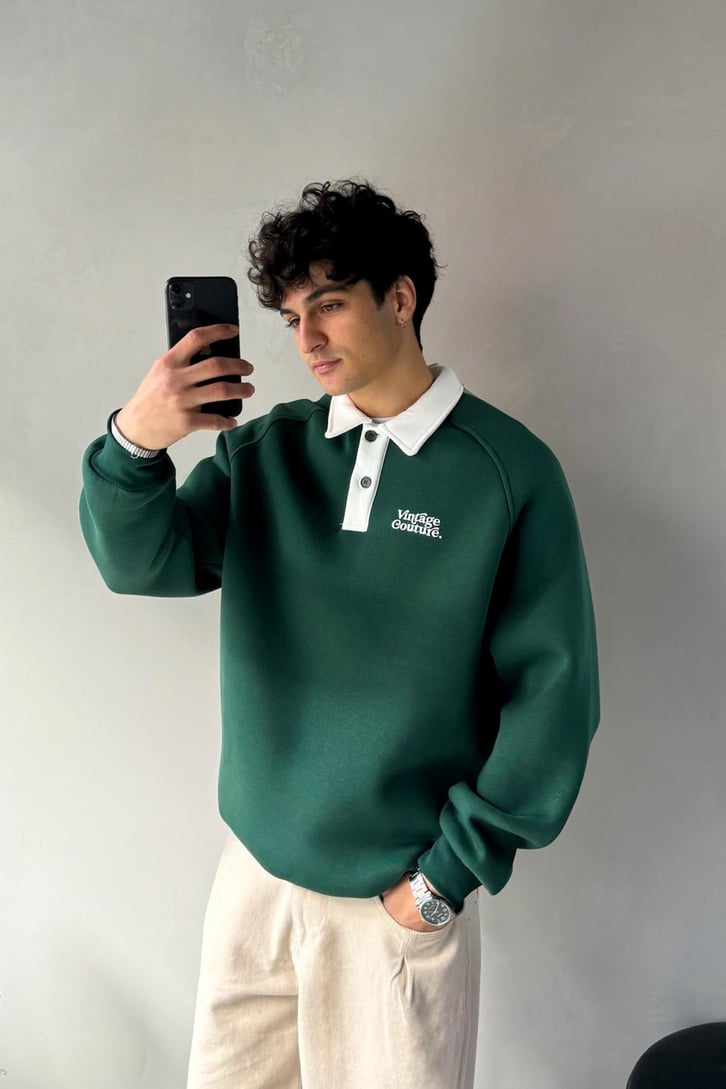 Vintage Couture Baskılı Polo Yaka Sweatshirt