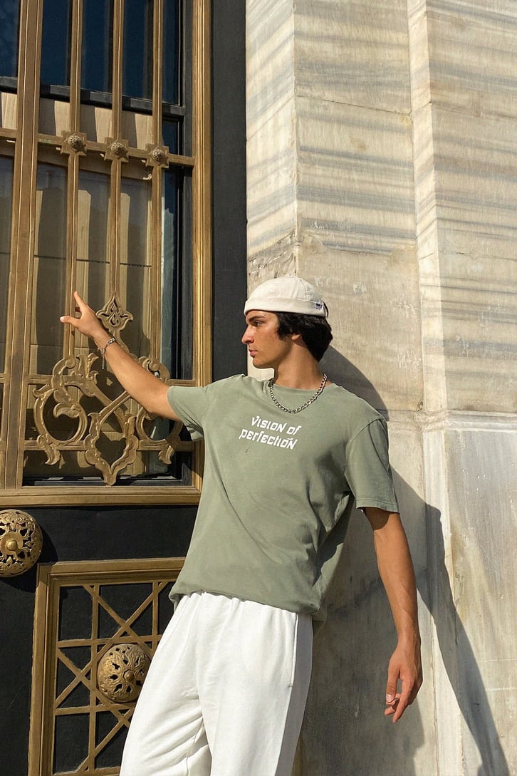 Vision Baskılı Çam Yeşili Oversize Tshirt