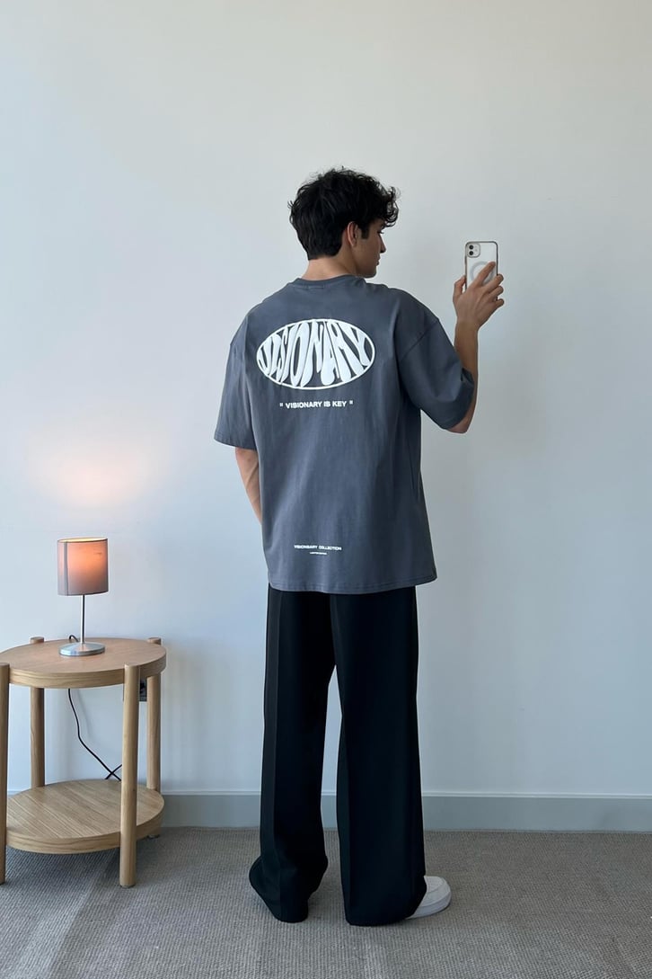 Visionary Baskılı Füme Oversize Tişört