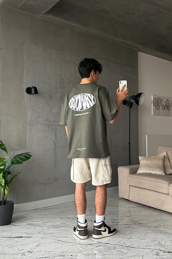 Visionary Baskılı Haki Oversize Tişört