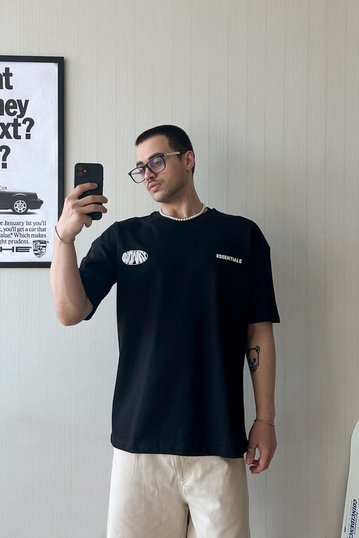 Visionary Baskılı Siyah Oversize Tişört
