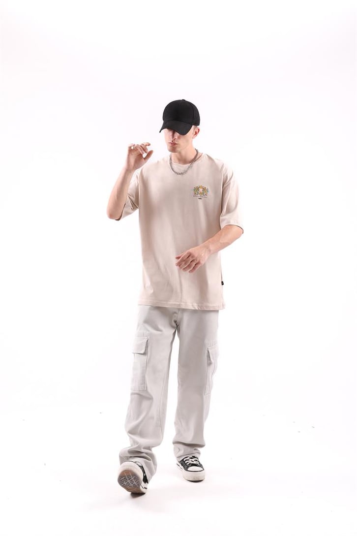 Vms Sırt Baskılı Taş Rengi Oversize Tshirt