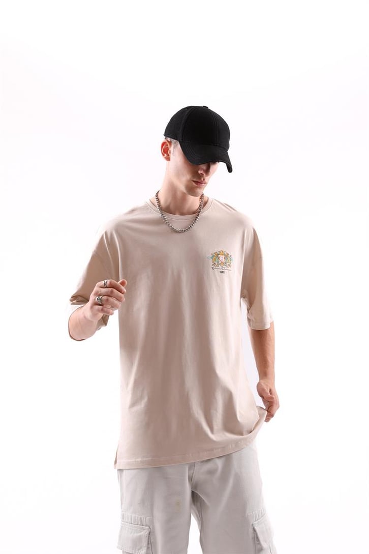 Vms Sırt Baskılı Taş Rengi Oversize Tshirt