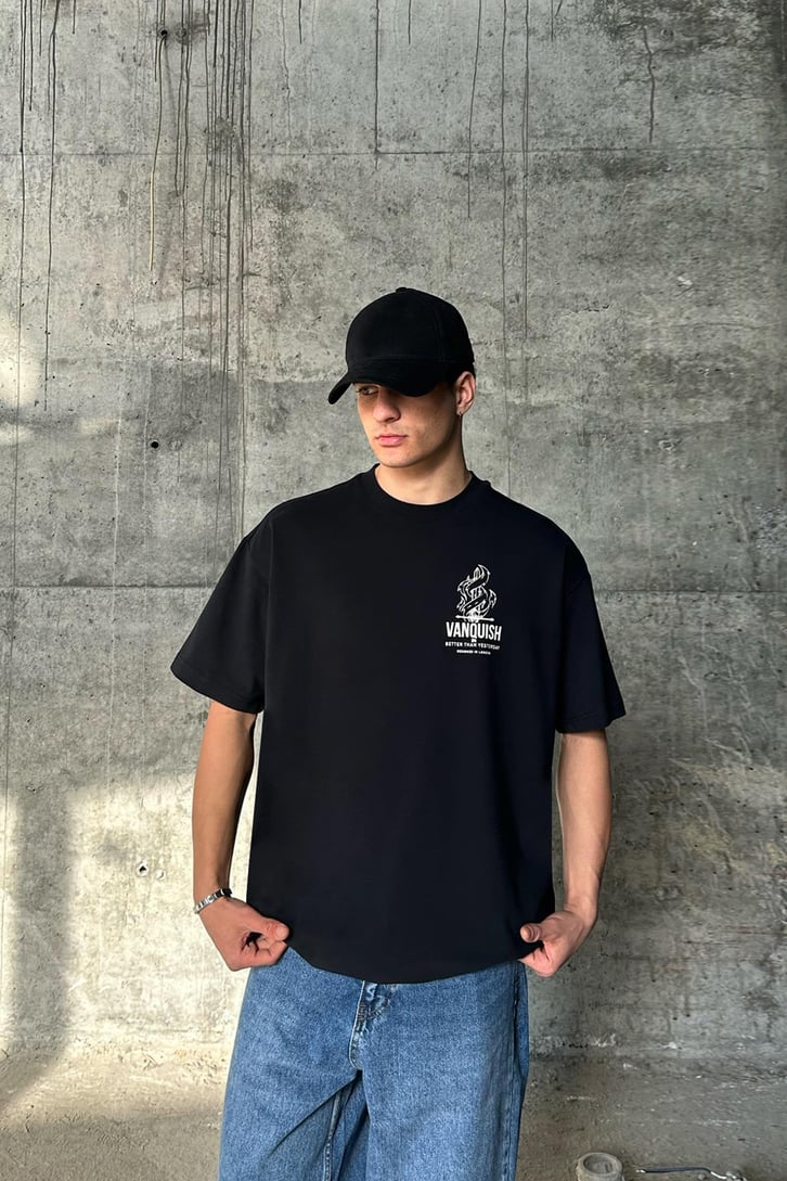 VNQSH Baskılı Siyah Oversize Tişört