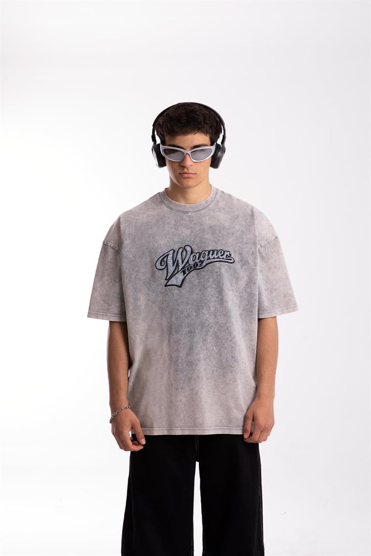 Waguer Nakışlı Acid Wash Oversize Tshirt