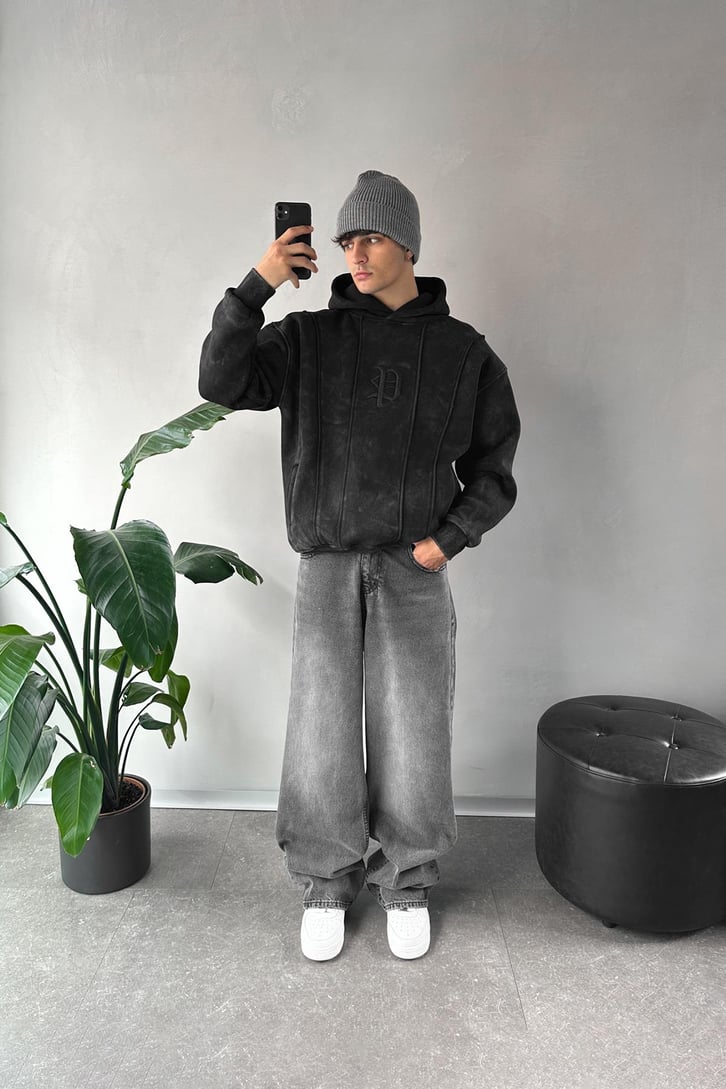 Washed Cepli Nakışlı Oversize Hoodie
