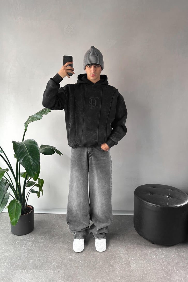 Washed Cepli Nakışlı Oversize Hoodie