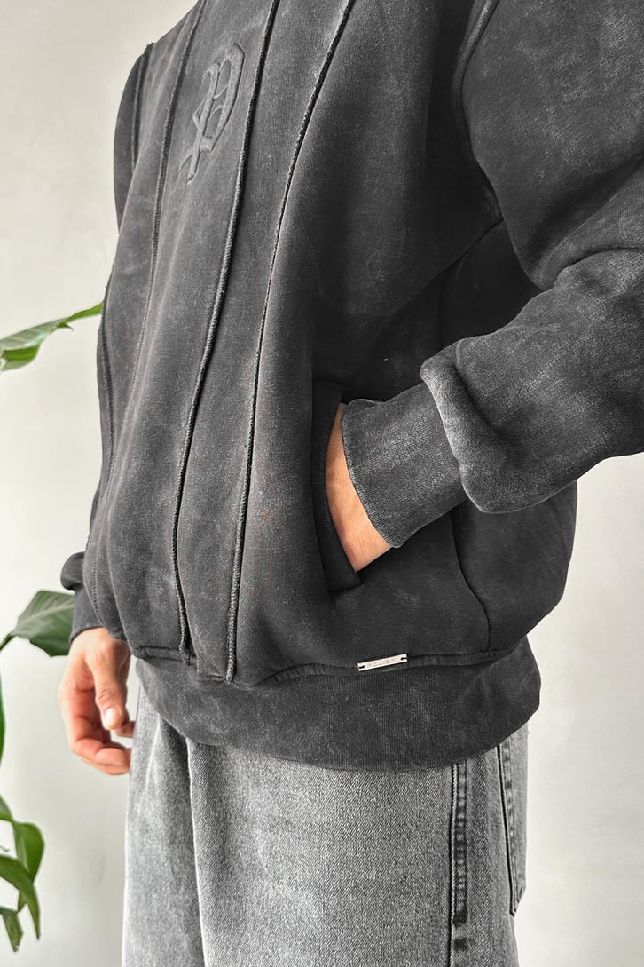 Washed Cepli Nakışlı Oversize Hoodie
