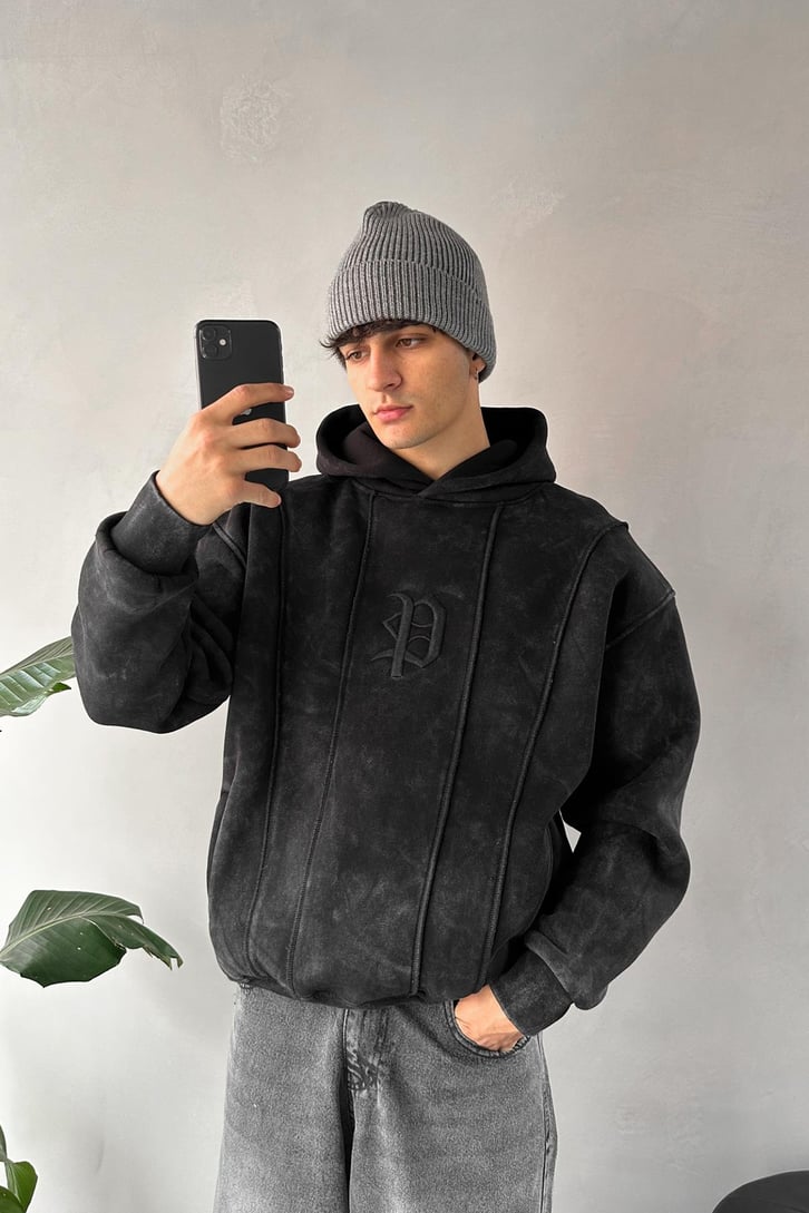 Washed Cepli Nakışlı Oversize Hoodie