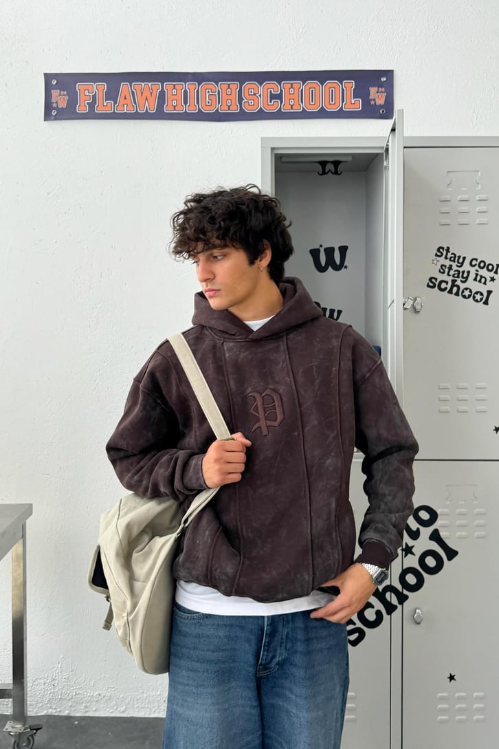 Washed Cepli Nakışlı Oversize Hoodie