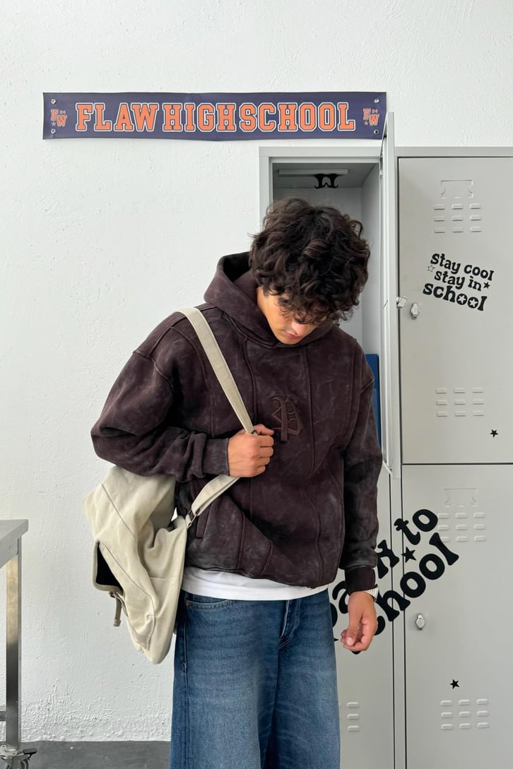 Washed Cepli Nakışlı Oversize Hoodie