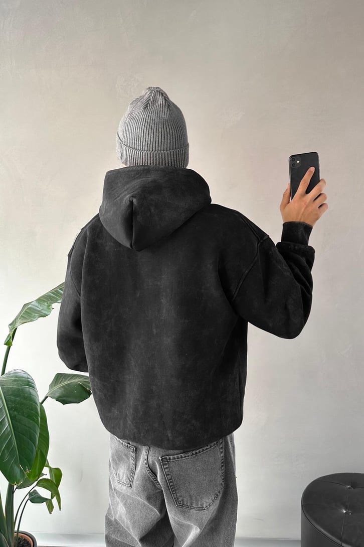 Washed Cepli Nakışlı Oversize Hoodie