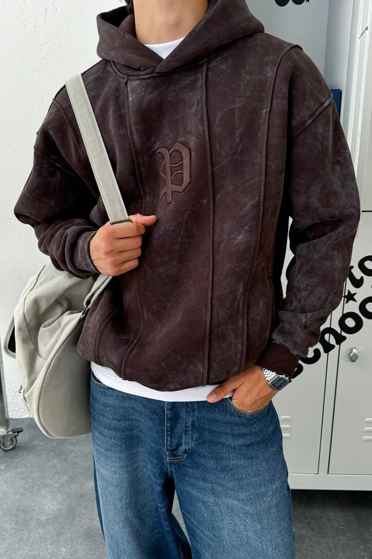 Washed Cepli Nakışlı Oversize Hoodie