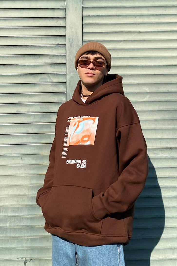 Ways of Knowing Printed Oversize Kahverengi Hoodie