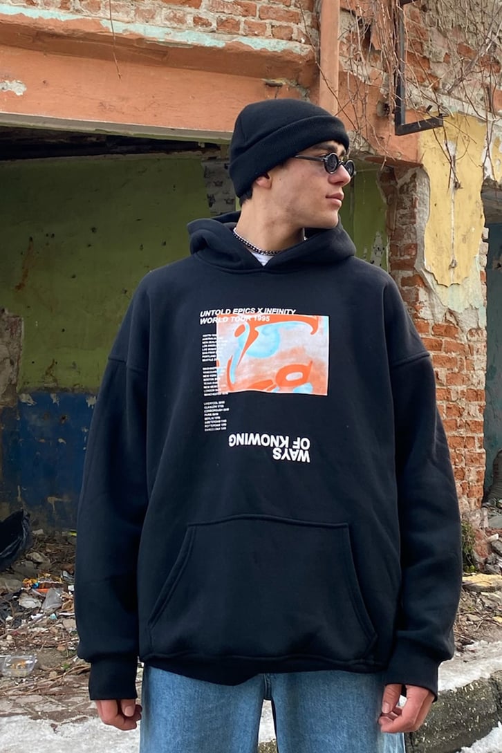 Ways of Knowing Printed Oversize Siyah Hoodie