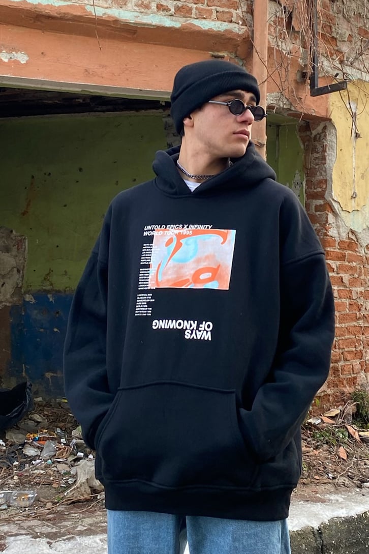 Ways of Knowing Printed Oversize Siyah Hoodie