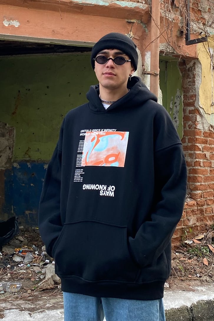 Ways of Knowing Printed Oversize Siyah Hoodie