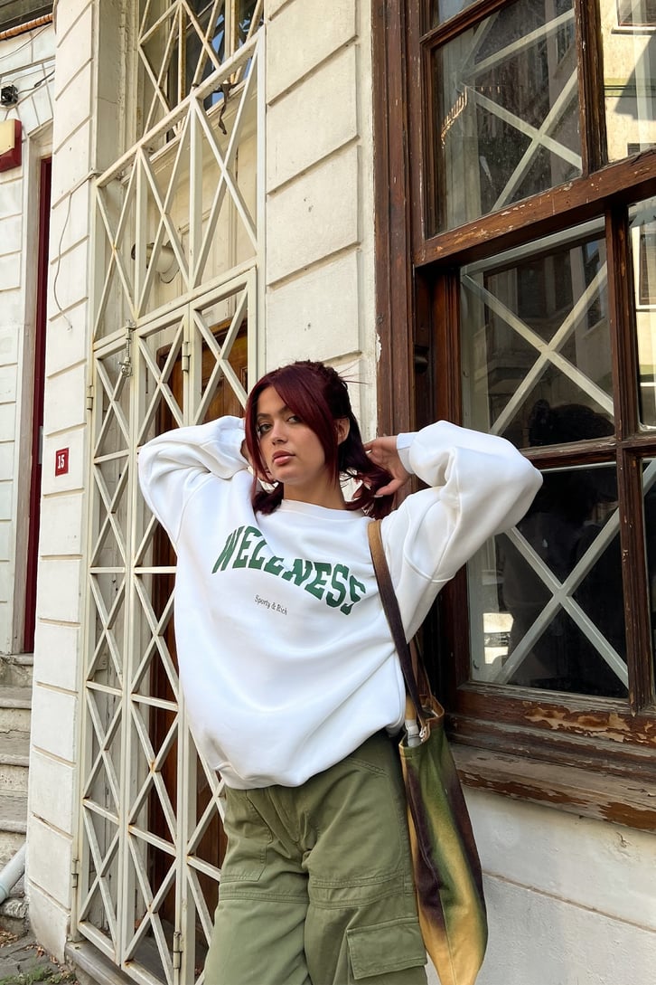Wellness Baskılı Beyaz Oversize Sweatshirt
