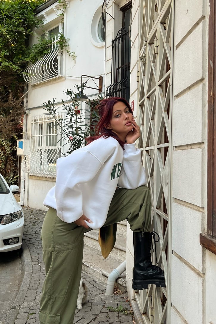 Wellness Baskılı Beyaz Oversize Sweatshirt