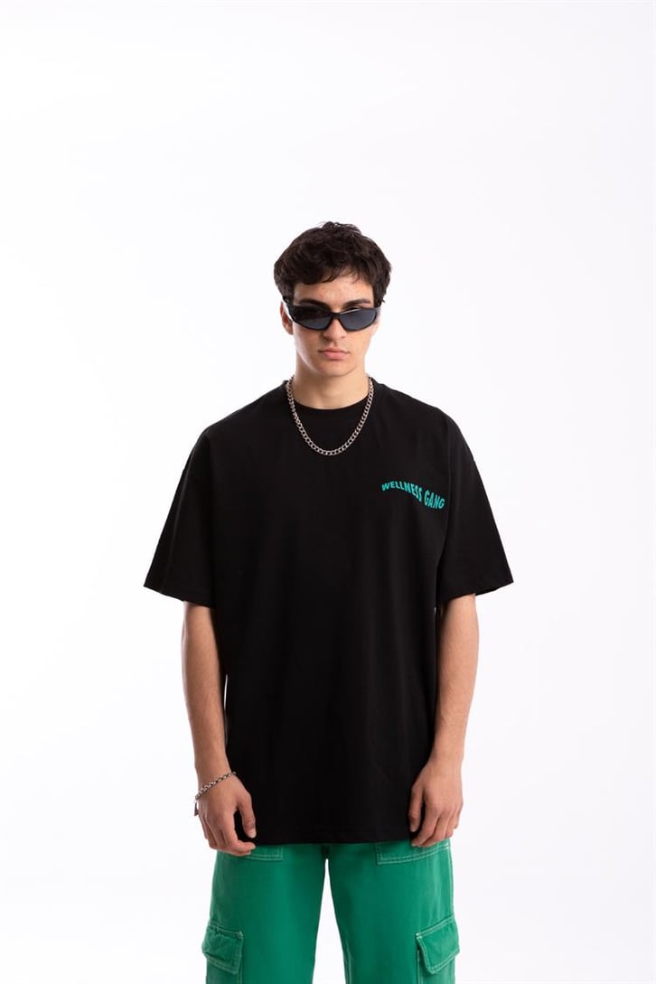 Wellness Gang Baskılı Siyah Oversize Tişört