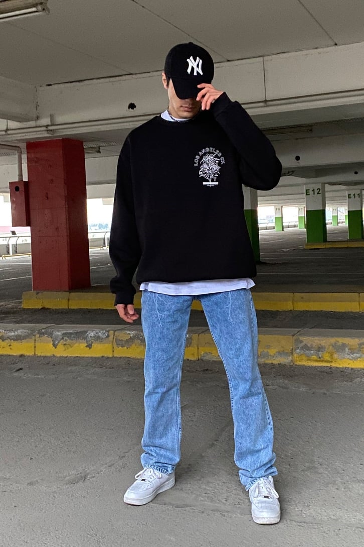 West Coast Printed Oversize Siyah Sweatshirt