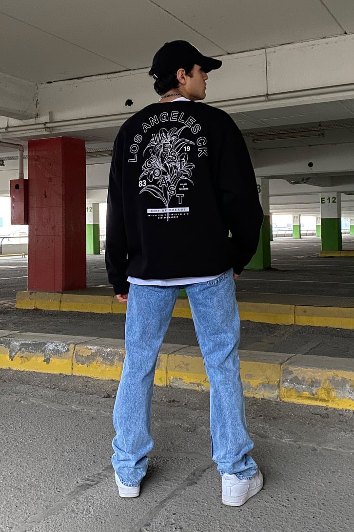 West Coast Printed Oversize Siyah Sweatshirt
