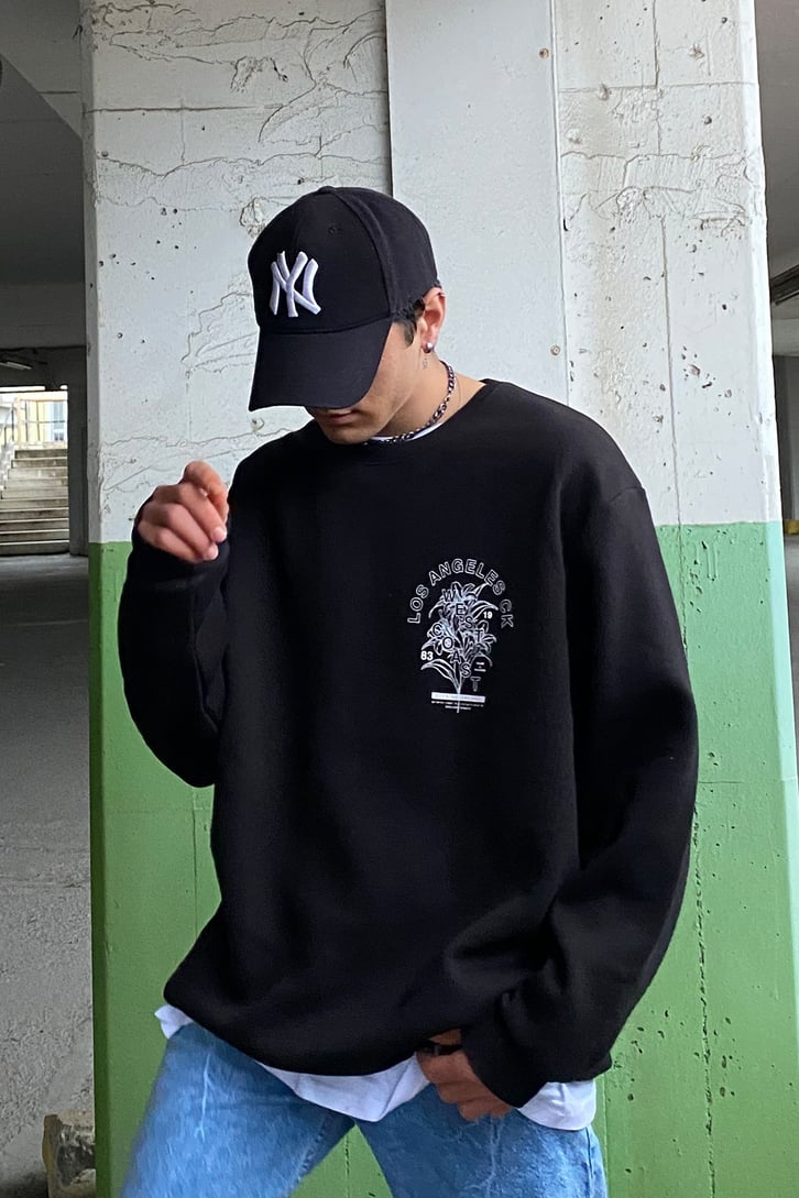West Coast Printed Oversize Siyah Sweatshirt