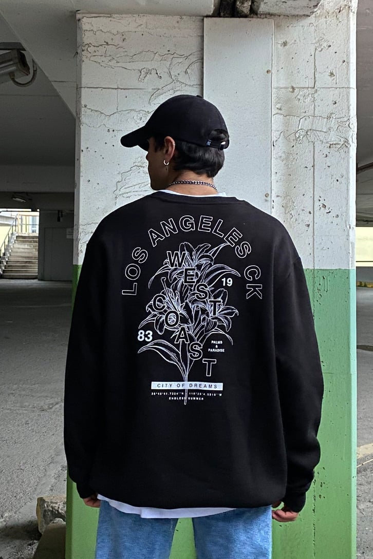 West Coast Printed Oversize Siyah Sweatshirt