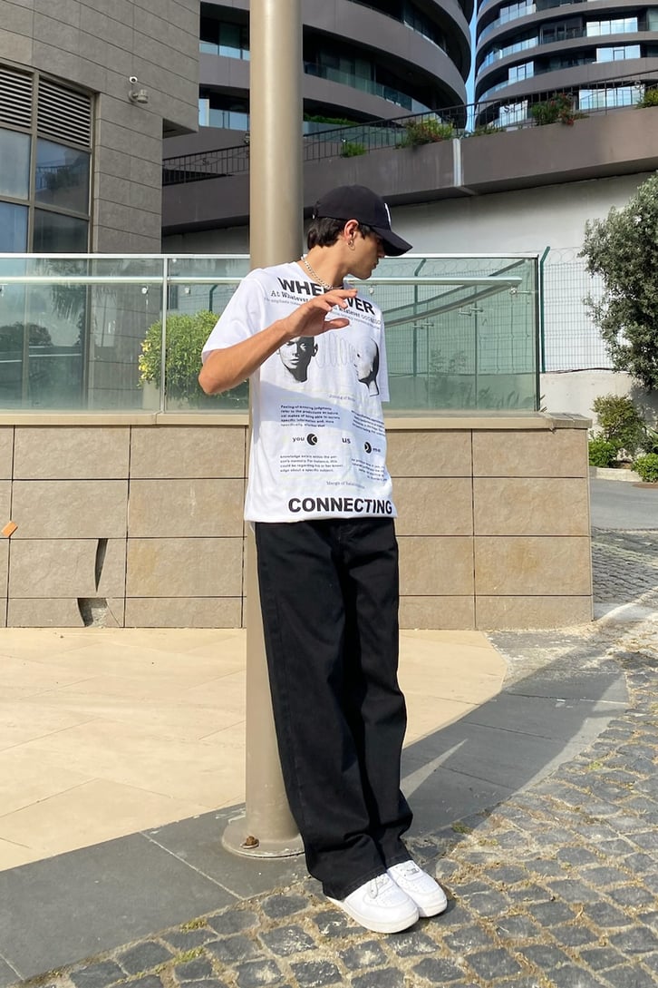 Whenever Connecting Baskılı Beyaz Oversize Tshirt