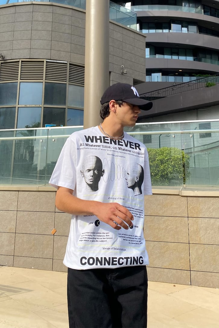 Whenever Connecting Baskılı Beyaz Oversize Tshirt