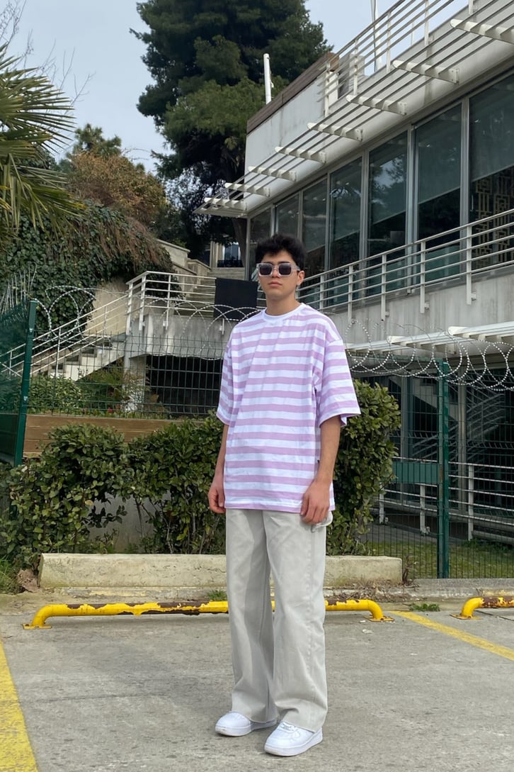 White Purple Çizgili Oversize Basic Tshirt