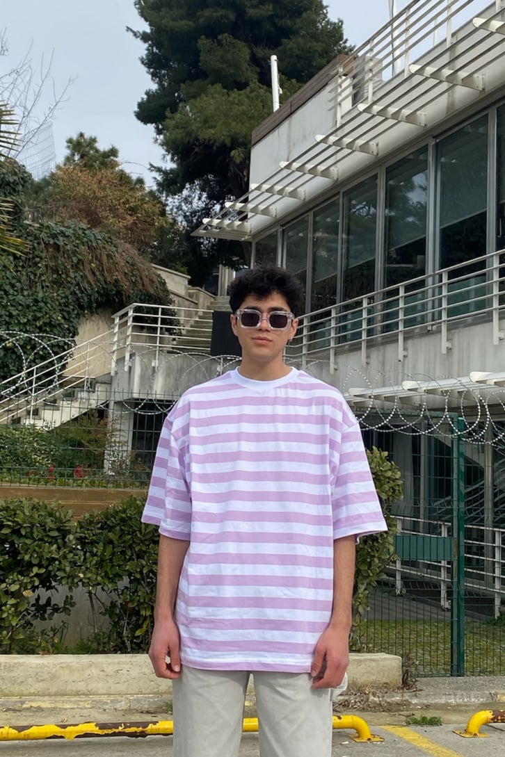 White Purple Çizgili Oversize Basic Tshirt