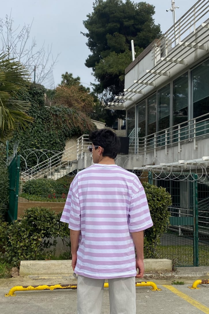 White Purple Çizgili Oversize Basic Tshirt